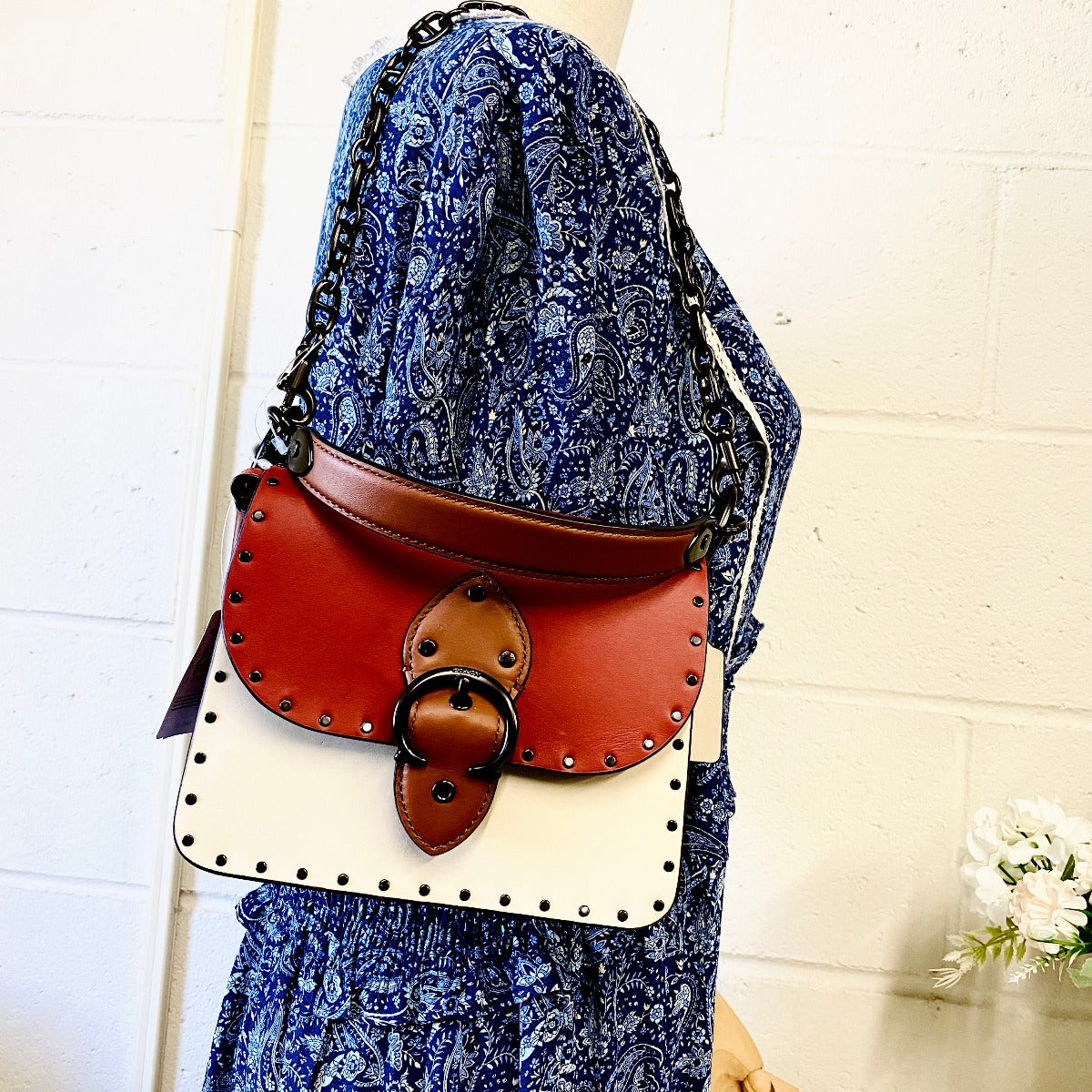 Coach C2661 Beat Shoulder Bag 18 In Colorblock With Rivets In Red Sand Ivory Multi Coach C2661 Beat Shoulder Bag 18 In Colorblock With Rivets In Red Sand Ivory Multi